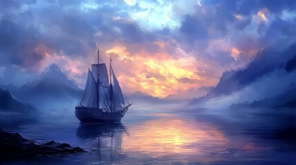 Fototapeta premium A majestic sailing ship glides through tranquil waters at dusk.