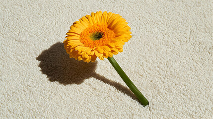 Yellow gerbera daisy on fluffy beige surface, sunlit