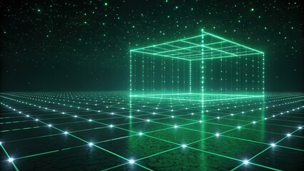 3D green wireframe cube in a digital space