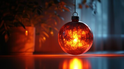 Fototapeta premium Glowing amber ornament illuminates dark room