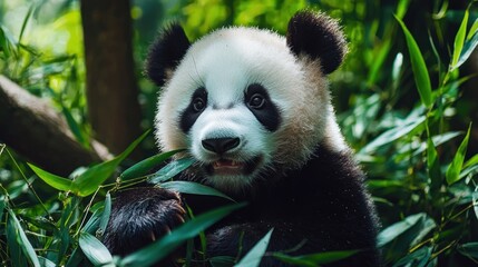 Obraz premium Adorable Panda Cub Enjoying Bamboo in Lush Green Habitat
