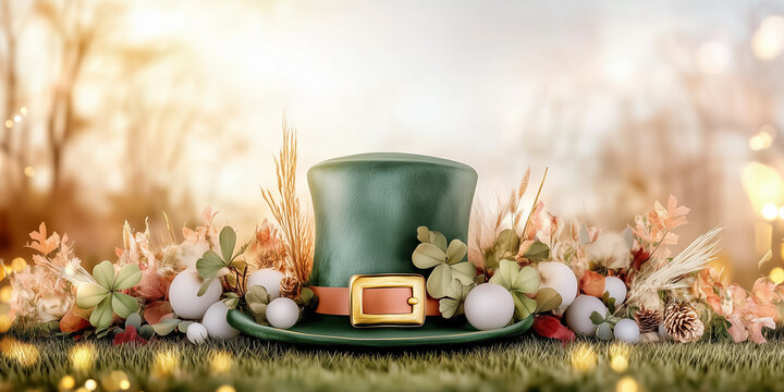 Green leprechaun hat adorned with a gold buckle rests on an inviting green background, basking in soft sunlight and illuminated by golden bokeh