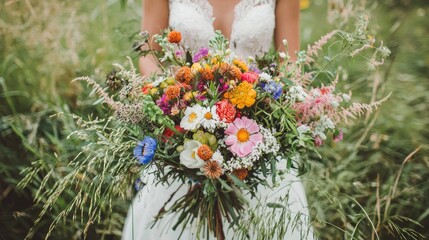 Vibrant Wildflower Bridal Bouquet in a Lush Field