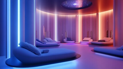 AI assisted meditation and relaxation room with immersive ambient lighting and soundscapes 