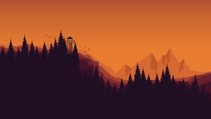 aesthetic winter forest mountains sunset nature landscape vector illustration good for web banner, ads banner, tourism banner, wallpaper, and adventure design