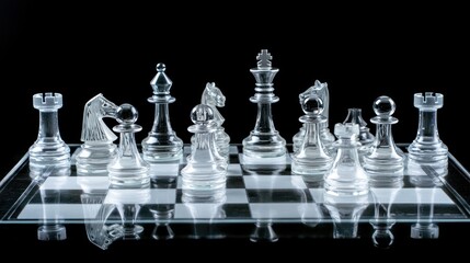 A glass chess set arranged on a chessboard, highlighting strategic gameplay.