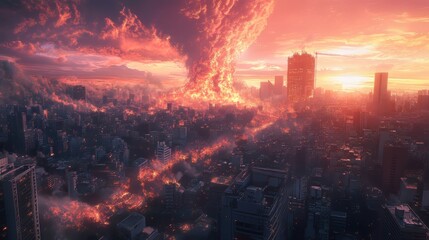 Fototapeta premium A dramatic skyline engulfed in flames during sunset, showcasing a city in crisis.