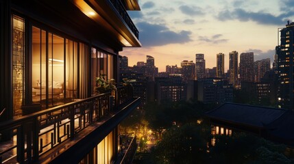 Obraz premium A modern balcony view overlooking a city skyline at sunset.