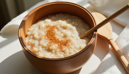 Warm amaranth porridge in wooden bowl with cinnamon, cozy breakfast scene