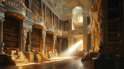 Sunlit grand library, ancient bookshelves, opulent architecture.