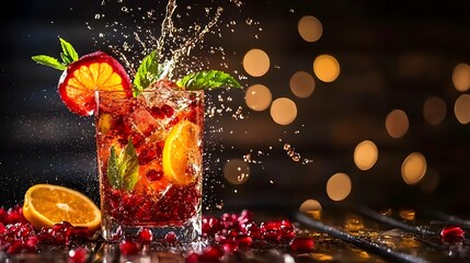 Glass of orange juice with garnishing and hibiscus pomegranate cooler on a wooden table