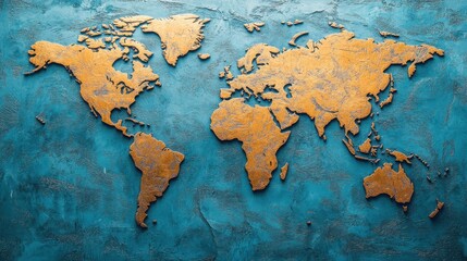 Golden world map on teal textured background. Ideal for travel, global concepts, and geography projects.
