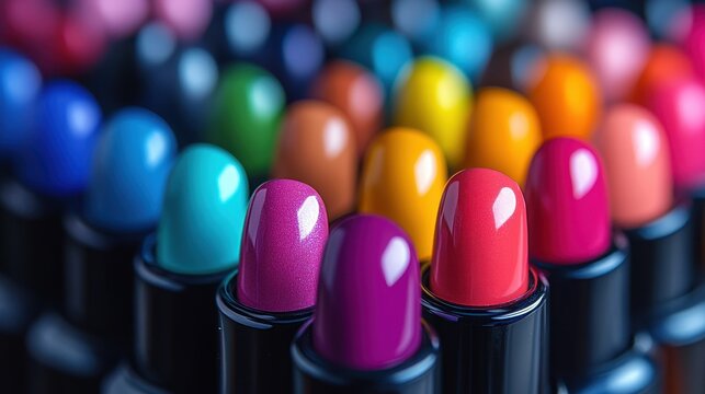 Colorful lipstick tubes in various shades. Perfect for beauty, makeup, and cosmetic product promotions.