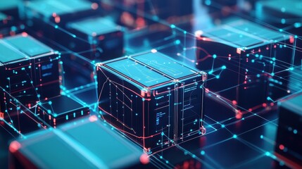 Obraz premium Shipping containers connected by digital lines, global e-commerce supply chain. 