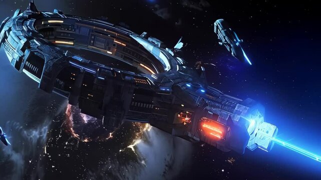Futuristic spaceship with glowing blue engines cruising through deep space near planet. Sci-fi spacecraft for game design and space exploration concept