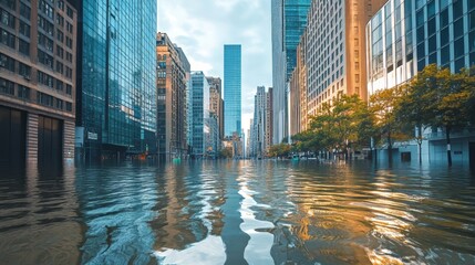 Fototapeta premium Urban city street submerged in water after heavy rainfall, showcasing a surreal landscape.