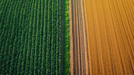 Aerial view of lush green cornfields contrasted with freshly plowed brown soil.