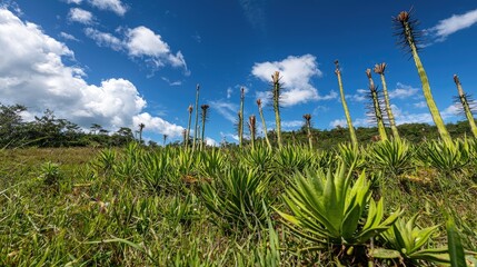 Lush green landscape featuring tall plants under a bright blue sky with fluffy clouds