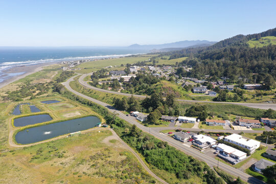 Buildings and homes on highway 101 near Ofir and Gold Beach, drone photo. 