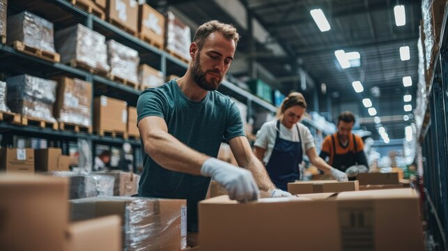 Volunteers sorting donations in a warehouse for a charity organization, working as a team to distribute goods.