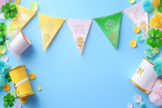 Brightly colored triangular flags are arranged in a cheerful display on a light blue background surrounded by festive decorations and playful embellishments celebrating Saint Patricks Day