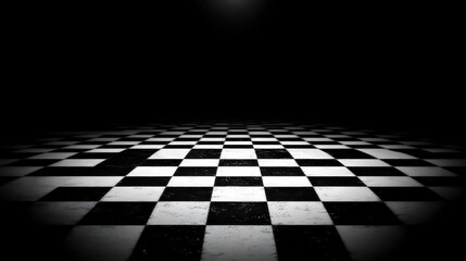 Abstract Interior Perspective with Checkerboard Floor and Dark Background Dramatic Lighting