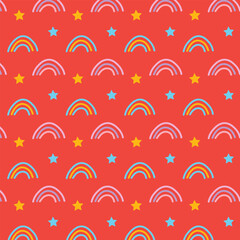 Cute seamless pattern for kids sky background with rainbow and stars   Cartoon hand drawn design.