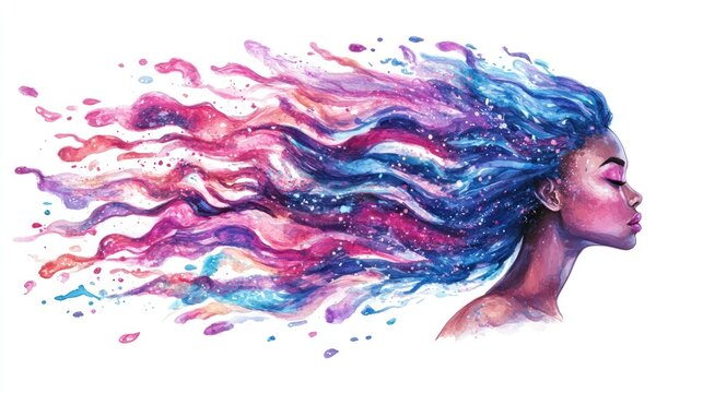 A colorful, ethereal portrait of a woman with flowing hair resembling cosmic elements.