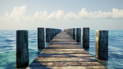 Wooden pier extending to ocean, sunny sky. Vacation travel