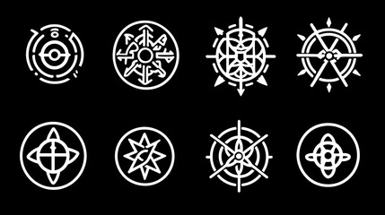 Abstract Nautical Compasses Graphic Set for Directional Guidance and Exploration on a Dark Backdrop