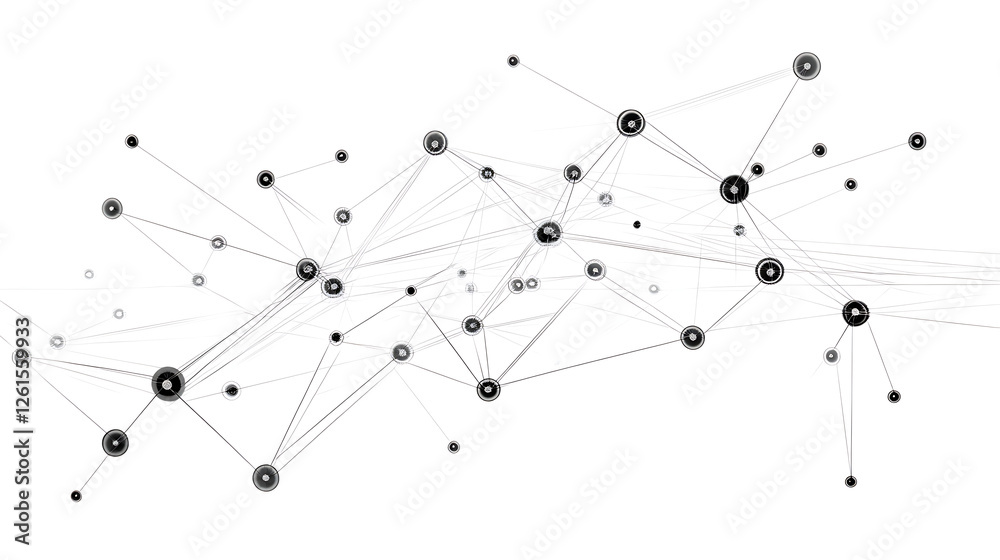 Poster abstract network of circular nodes with interconnecting lines on plain background depiction