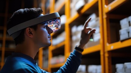 Warehouse worker using augmented reality for inventory management, e-commerce efficiency.