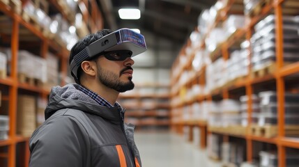 Warehouse worker using augmented reality for inventory management, e-commerce efficiency.