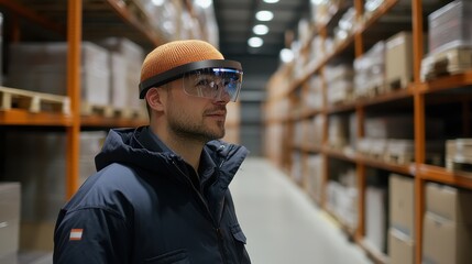 Warehouse worker using augmented reality for inventory management, e-commerce efficiency.