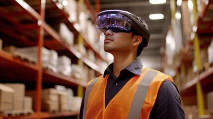 Warehouse worker using augmented reality for inventory management, e-commerce efficiency.
