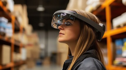 Warehouse worker using augmented reality for inventory management, e-commerce efficiency.