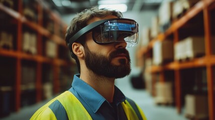 Warehouse worker using augmented reality for inventory management, e-commerce efficiency.