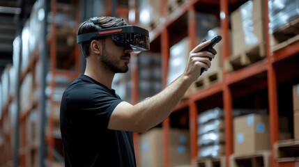 Warehouse worker using augmented reality for inventory management, e-commerce efficiency.