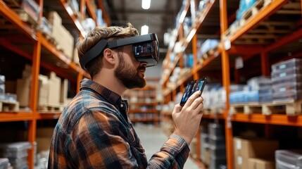 Warehouse worker using augmented reality for inventory management, e-commerce efficiency.