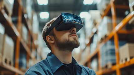 Warehouse worker using augmented reality for inventory management, e-commerce efficiency.