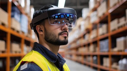 Warehouse worker using augmented reality for inventory management, e-commerce efficiency.