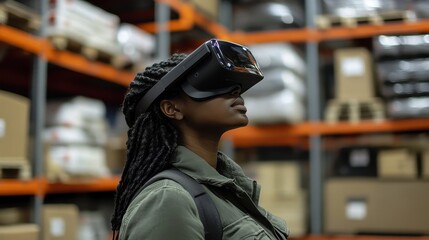 Warehouse worker using augmented reality for inventory management, e-commerce efficiency.