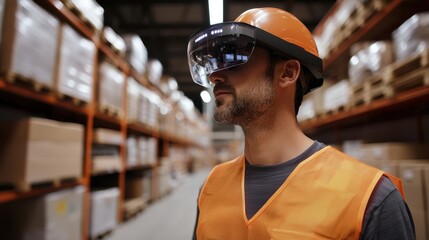 Warehouse worker using augmented reality for inventory management, e-commerce efficiency.