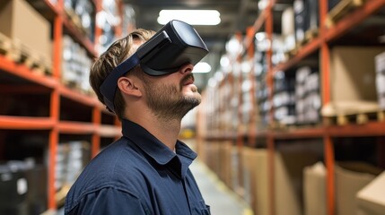 Warehouse worker using augmented reality for inventory management, e-commerce efficiency.