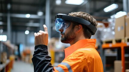 Warehouse worker using augmented reality for inventory management, e-commerce efficiency.