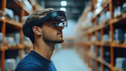 Warehouse worker using augmented reality for inventory management, e-commerce efficiency.