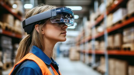 Warehouse worker using augmented reality for inventory management, e-commerce efficiency.