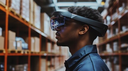 Warehouse worker using augmented reality for inventory management, e-commerce efficiency.