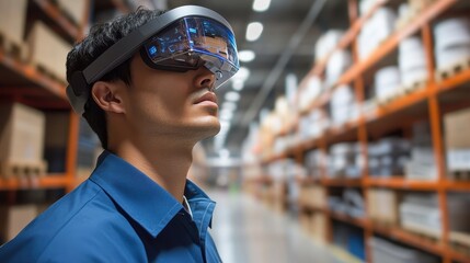 Warehouse worker using augmented reality for inventory management, e-commerce efficiency.