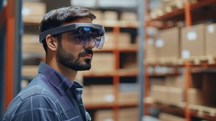 Warehouse worker using augmented reality for inventory management, e-commerce efficiency.